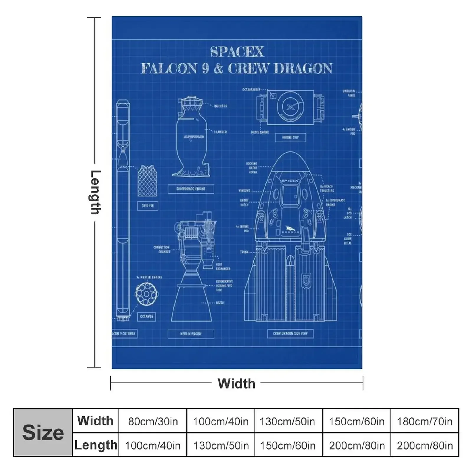 SpaceX: Falcon 9 and Crew Dragon (Blueprint-English) Throw Blanket Bed linens Decorative Throw Sleeping Bag anime Blankets