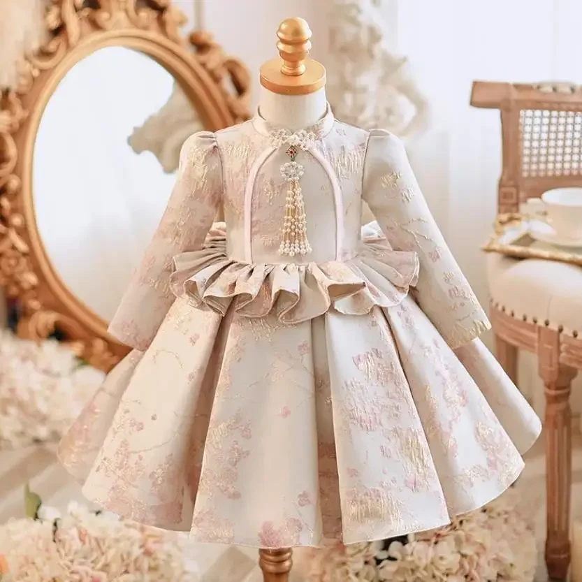 New Children's Long Sleeve Evening Gown Kids Catwalk Wedding Birthday Baptism Eid Party Girls Princess Dress A3417