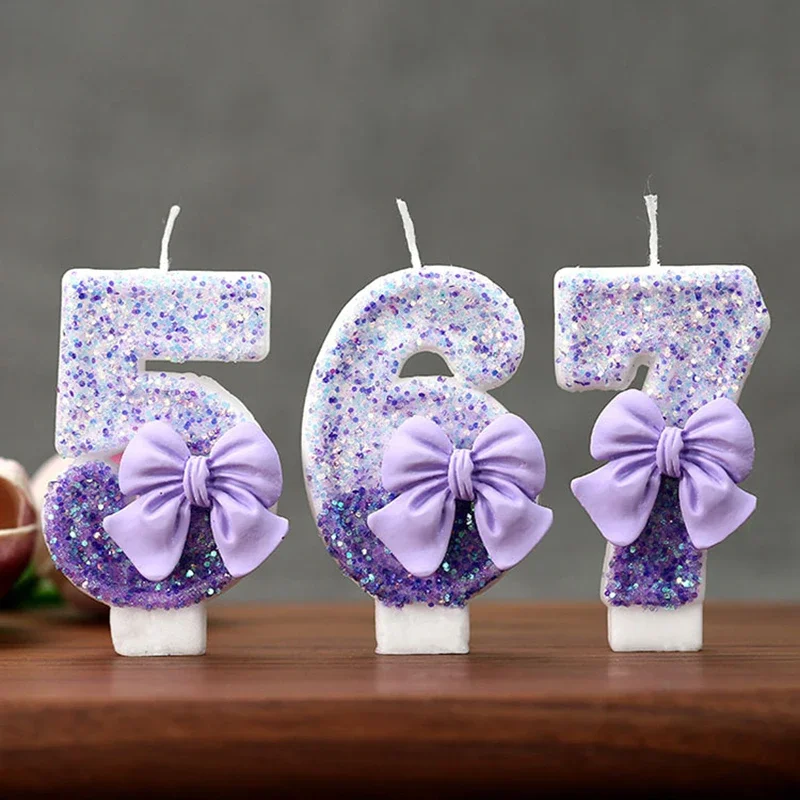 Birthday Cake Candles Number 0 1 2 3 4 5 6 7 8 9 Candle Purple Bownot Cake Topper Decoration For Party Anniversary Celebration