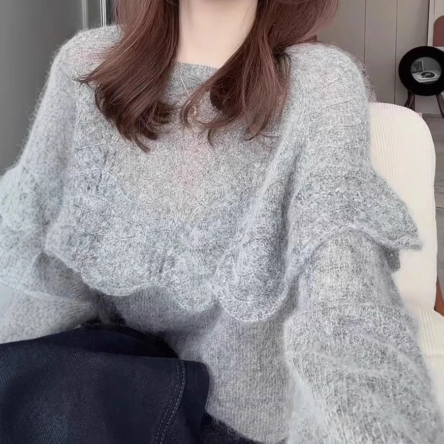 

Pullovers Women Sweaters Knitted Round Neck Full Sleeve Jumpers Y2k Streetwear Elegant Knit Casual Loose Ruffles Spring 2026