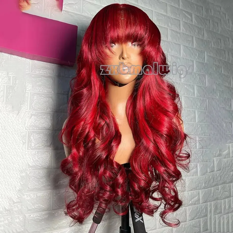 MXWIGS-peluca con malla frontal para mujer, pelo sintético con flequillo, rojo, 13x4, pelo de bebé, 180% de densidad, sin pegamento, prearrancado, Cosplay