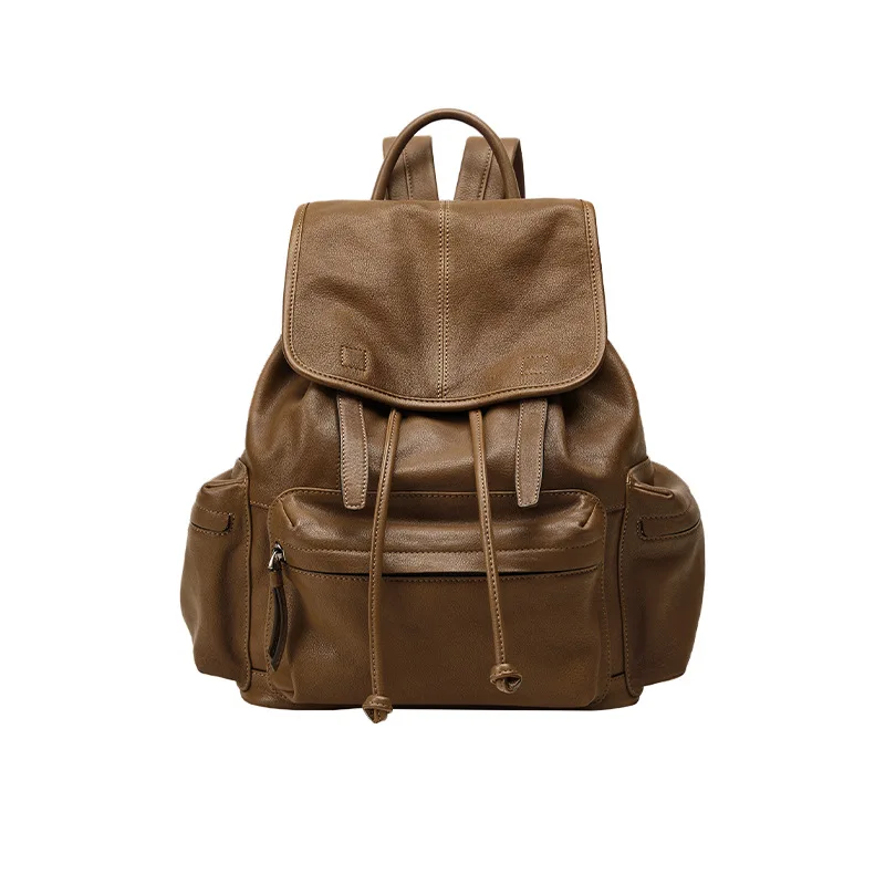 

Luxury Retro Soft Leather Shoulder Women Bag Multi-pocket Large Capacity Shoulder Bag Lightweight Travel School Men Backpack