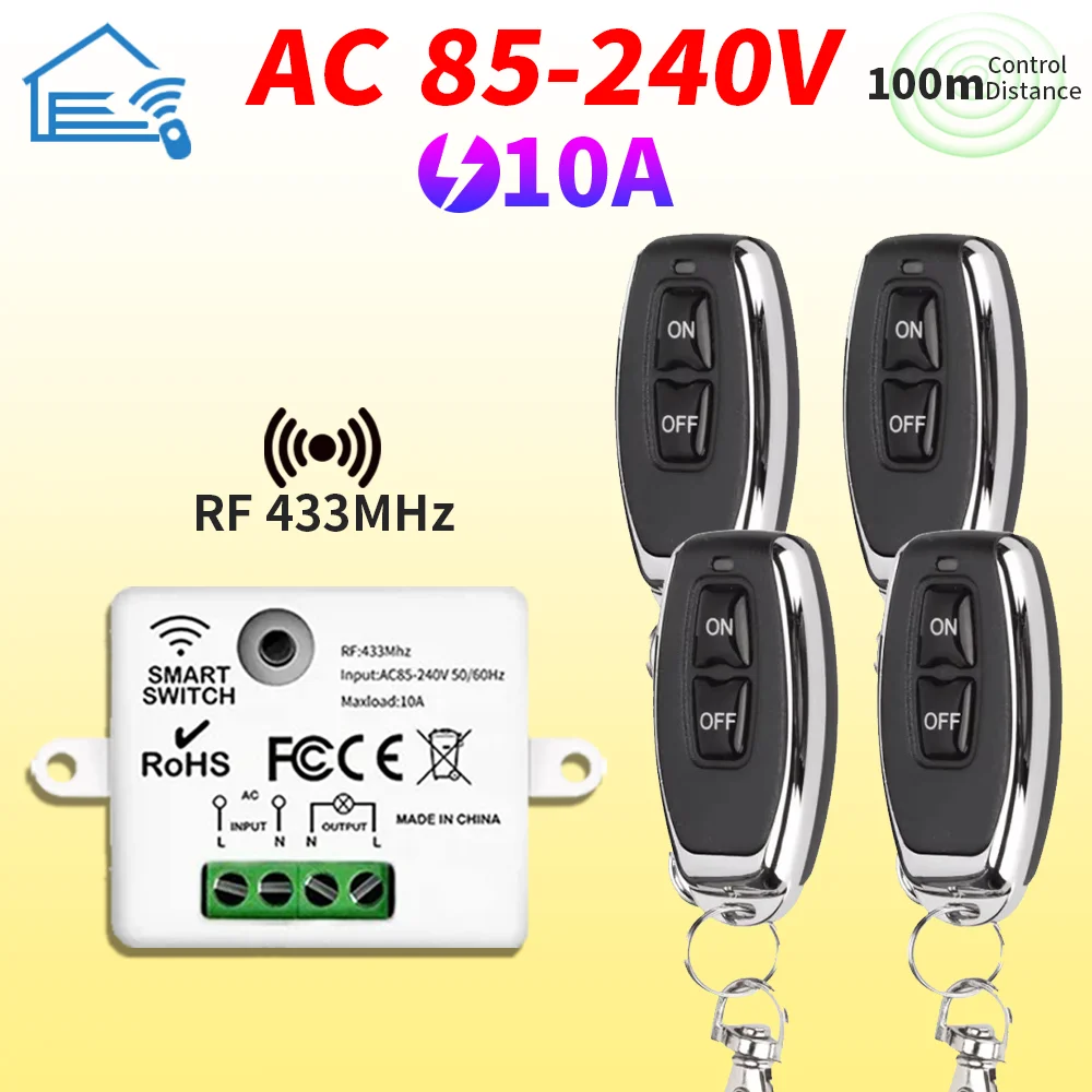 RF433 wireless remote control wall switch module 110V 220V 10A miniature magnetic control relay household lamp fan LED TV