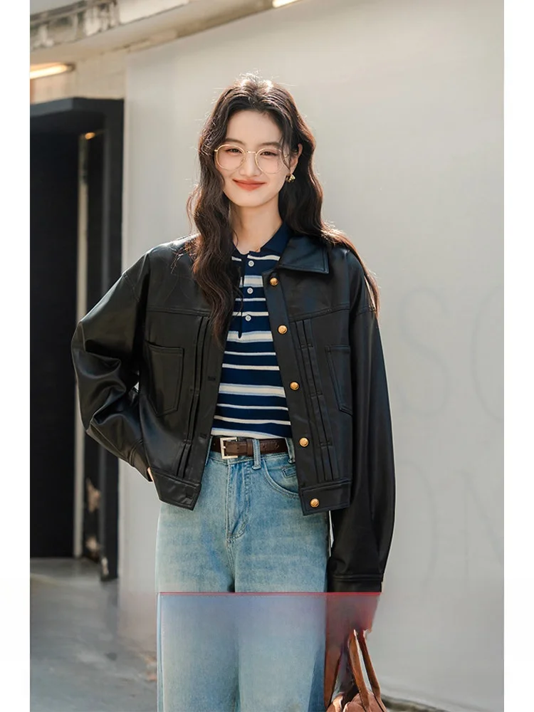 

Black PU Leather Jacket Women's Short Style Unique Beautiful Shoulder PU Leather Coat for Autumn Commute Windproof Pure Color