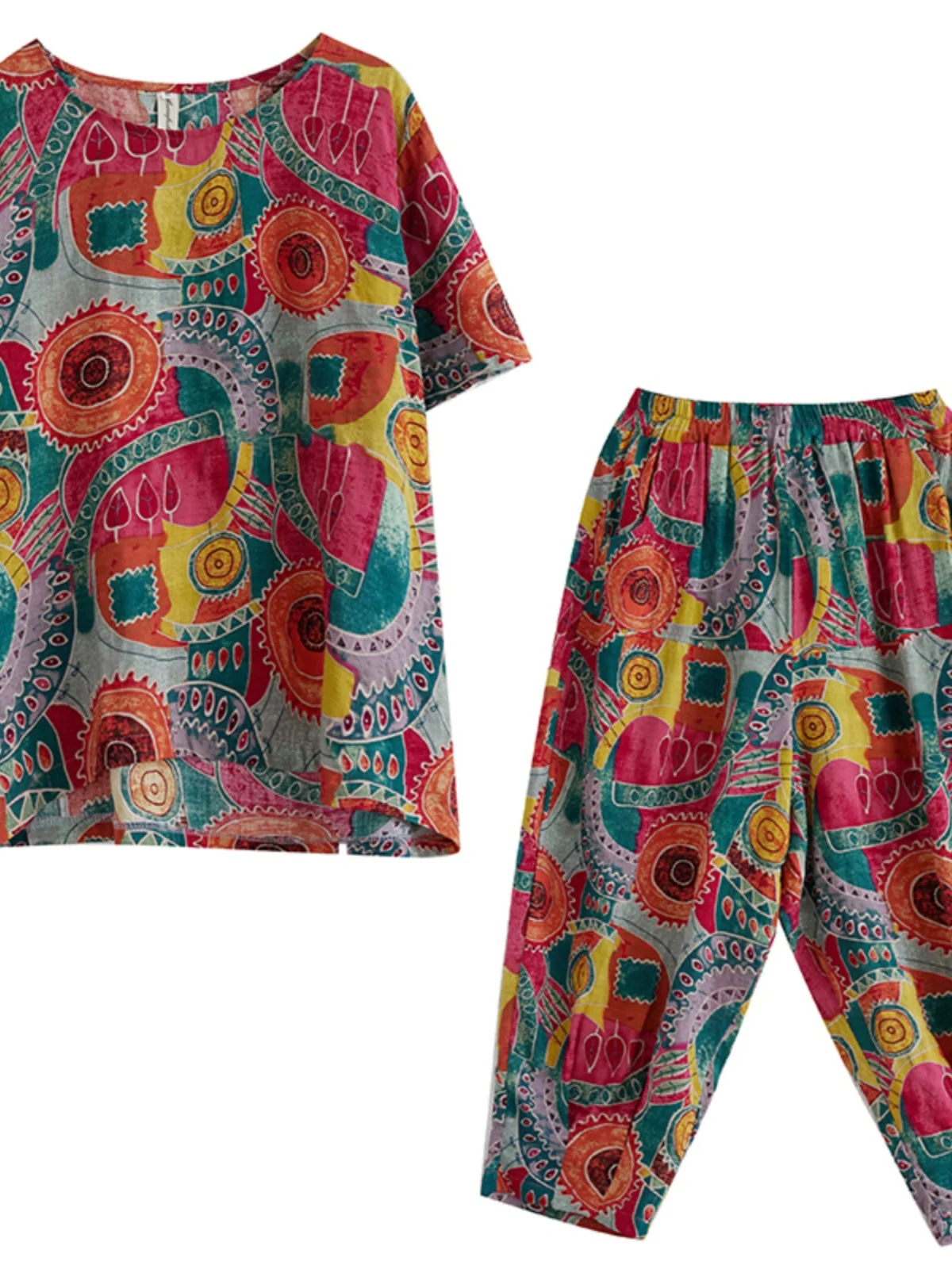 Novo 2025 feminino algodão linho casual ort sve impressão conjunto de duas peças confortável respirável faionable mãe roupas