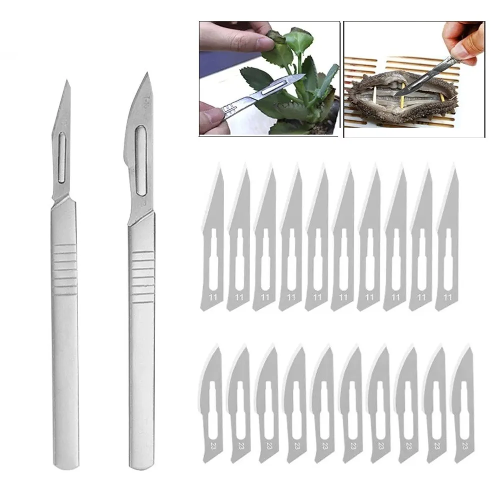 20pc Carbon Steel Blades With 2Pcs Stainless Steel Handle Hand Tools Sharpness DIY Wood Carving Art Craft Cutter Tool Blade