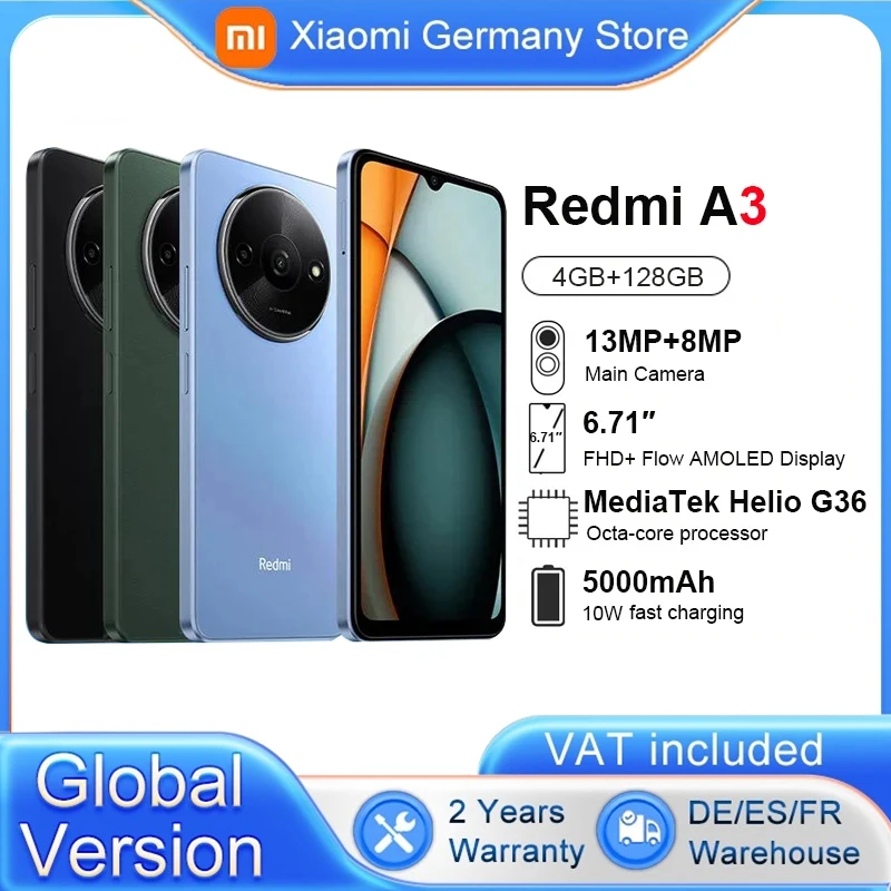 Global Version Xiaomi Redmi A3 Smartphone Mediatek Helio G36 Hd Screen 6.71 Inch Dual Camera 5000mah Battery 10w Fast Charge