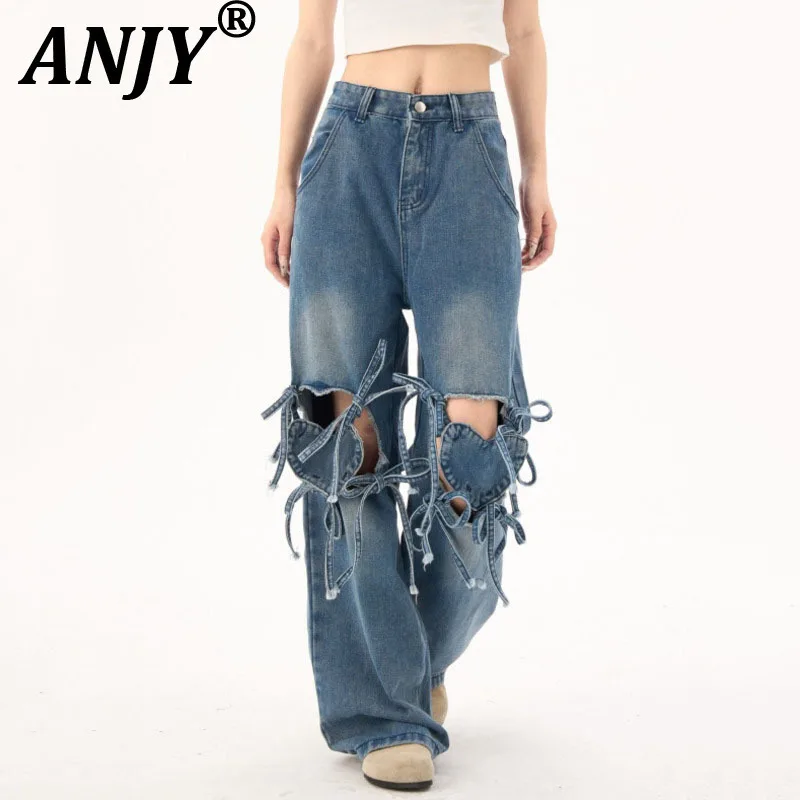 

ANJY Summer New Women Y2K Chic Jeans Niche Hollow Out Design Straight High Street Vintage Elegant Stylish Tide Denim Pants A8890