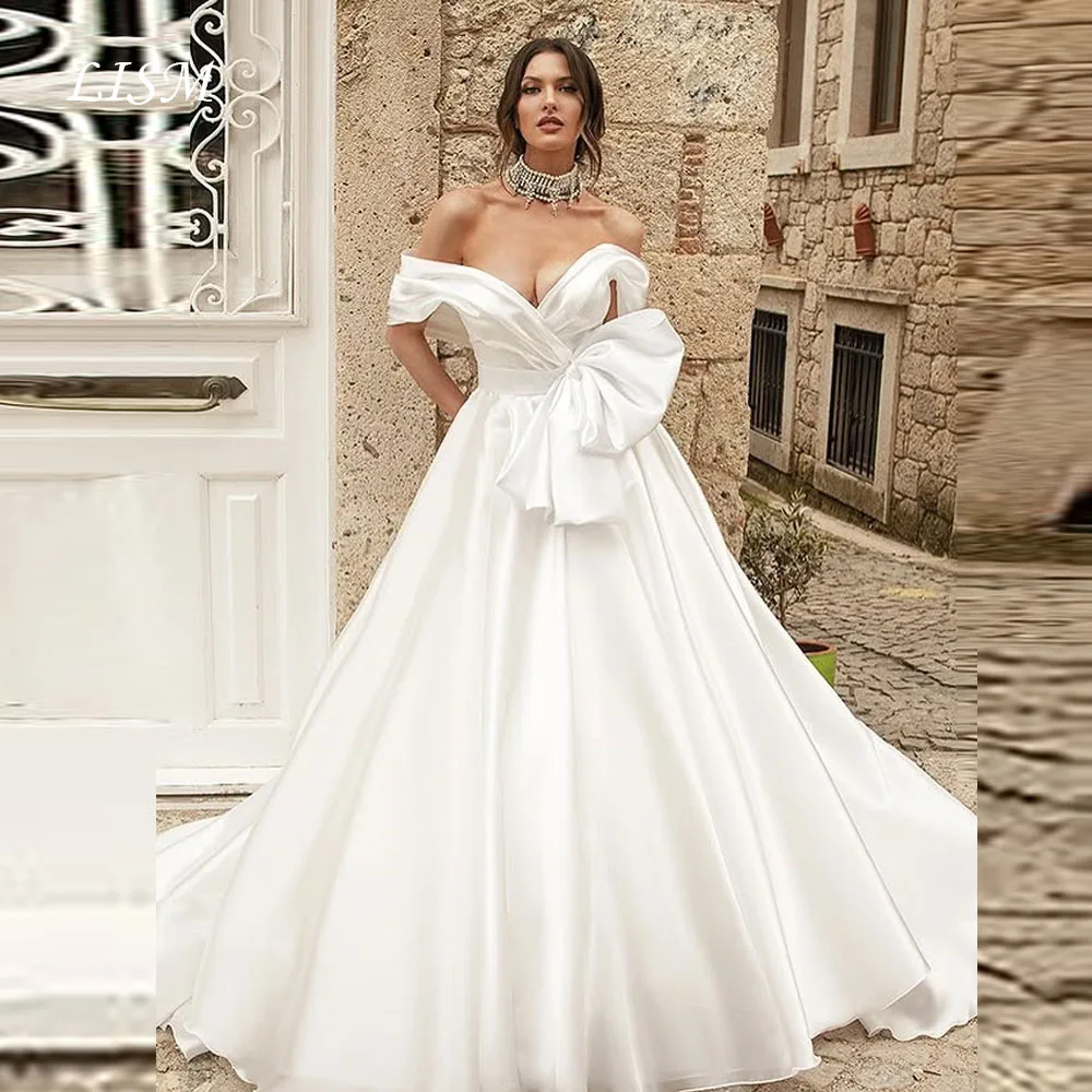 LISM قبالة الكتف ألف خط الحبيب كوريا فساتين الزفاف صورة تبادل لاطلاق النار الحرير الساتان فساتين زفاف تخصيص الزفاف الكورسيهات