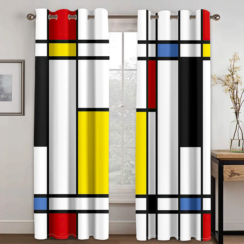 270*240 Cheap Abstract Geometric Black Red Modern Thin Two Windows Curtains for Living Room Bedroom Kitchen Office Decor 2Pieces