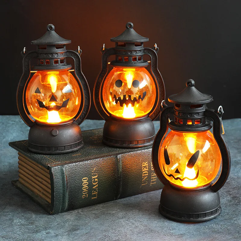 New LED Night Light Halloween Retro Oil Lamp Handheld Pumpkin Oil Lamp Halloween Horse Lantern Ghost Festival Atmosphere Light