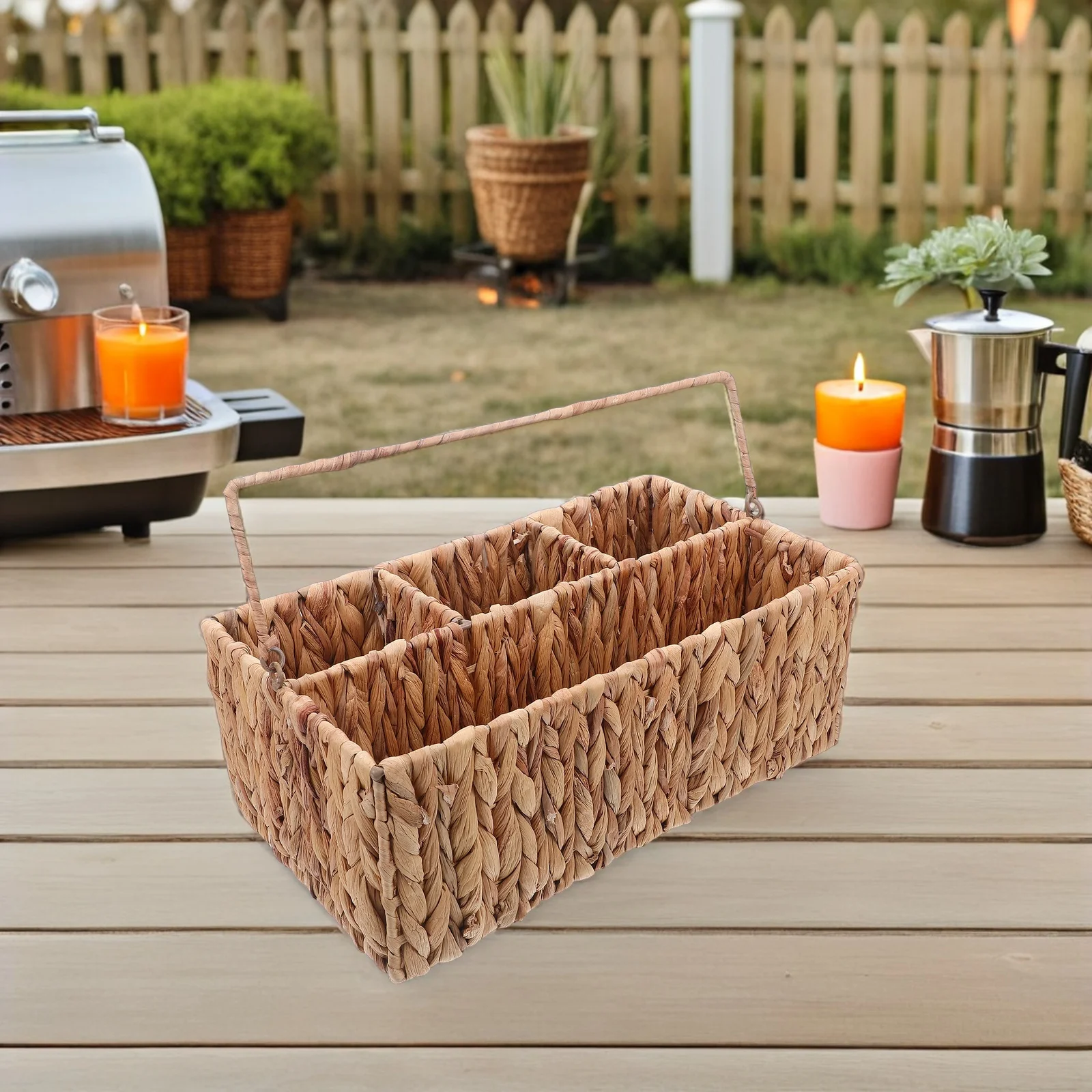 

Rectangular Wicker Silverware Caddy Handwoven Basket 4 Compartments Portable Picnic Utensil Holder Flatware Organizer Basket