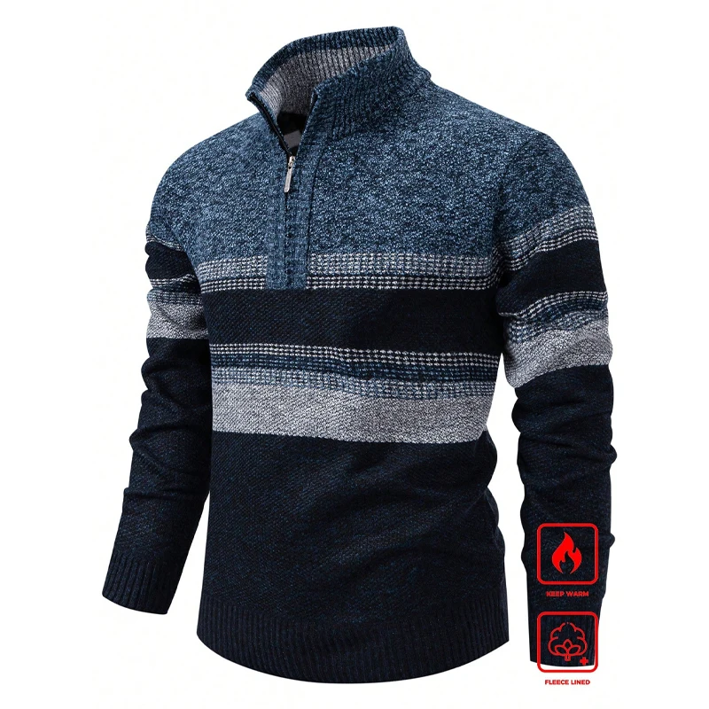New Mens Knit Sweater American Half Zip Fleeced Knitwear Men's Stand Collar Casual Sweaters Pullovers