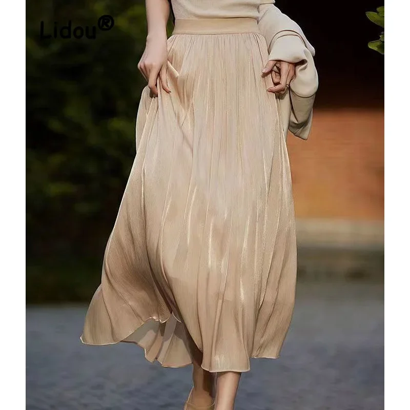 

2025 New High Waist Slim Pearlescent Dropping Feeling Elastic Waist Pleated Solid Color Pearlescent Half Body Flowing Skirt