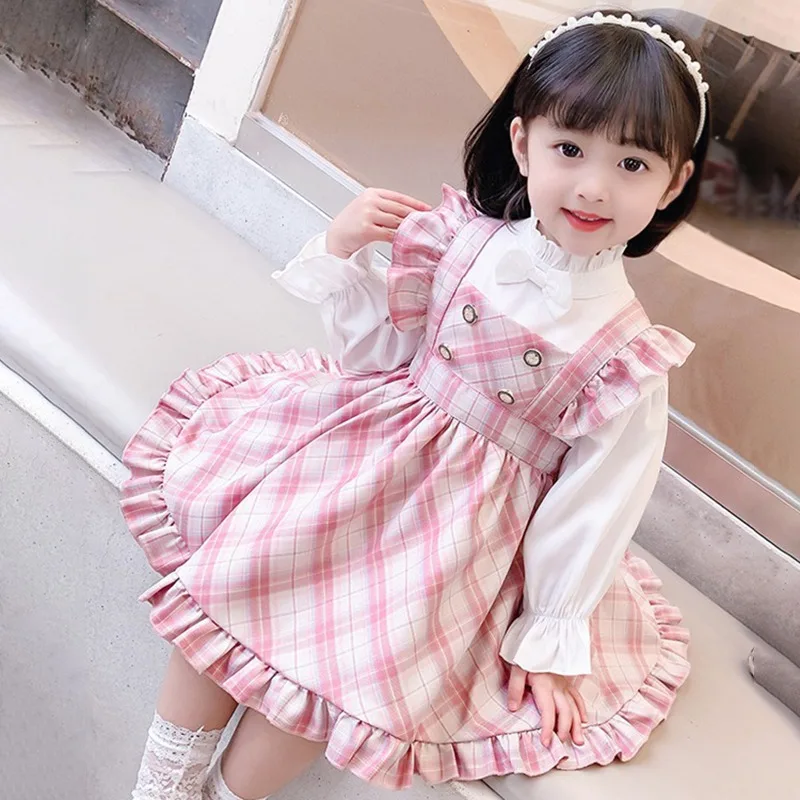 Spring Autumn Korean Style Baby Girls Children Cute Innocent Princess Style Retro Long Sleeve Top Plaid Print Strap Skirt Suit