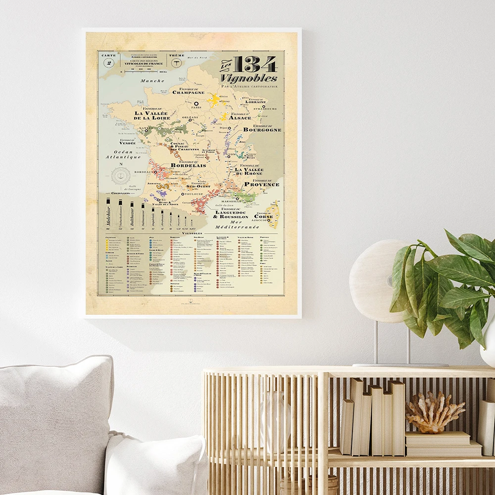 Vines Map of France Old School Retro Map Europe City Wall Art Poster Print Kids Education Quote Room Home Decor Canvas Painting