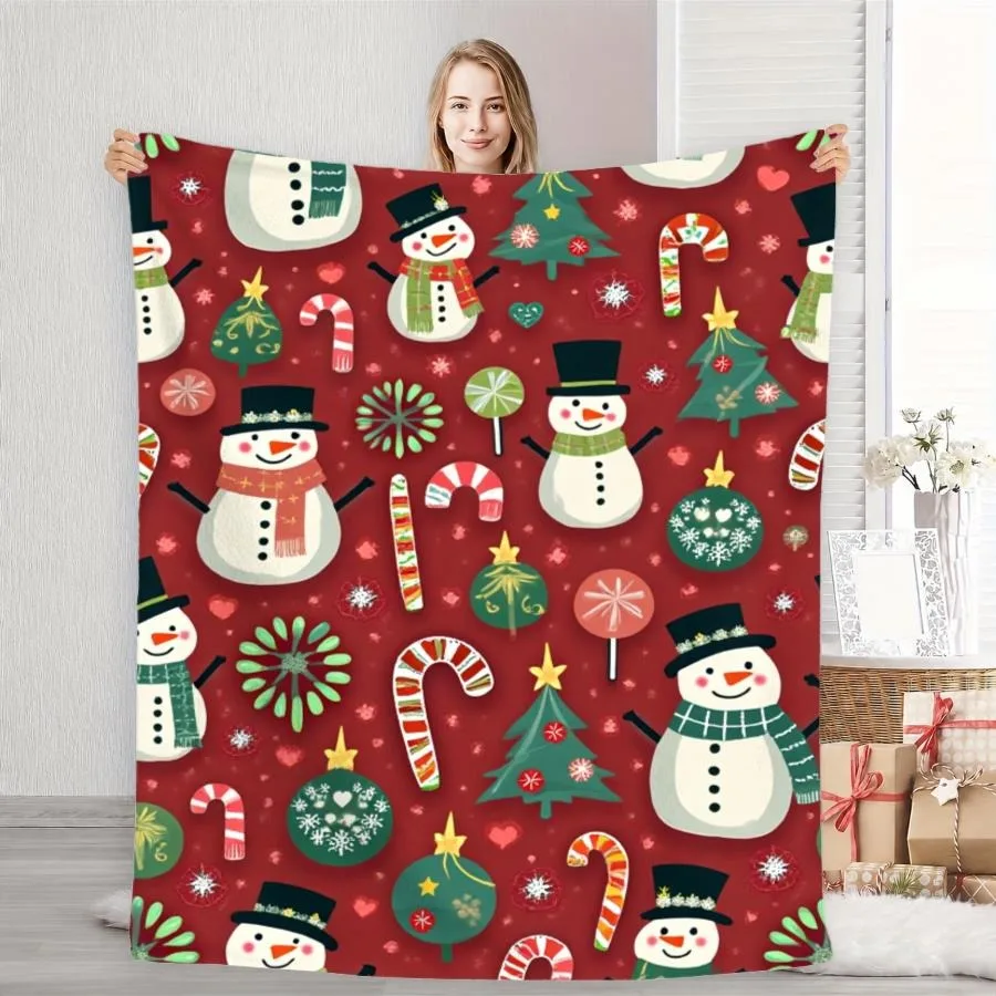 Festive Xmas Ornament Snowman Tree Print Throw Blanket Cozy Sofa Couch Manta Soft Bed Decorative Blanket For Bedroom Living Room