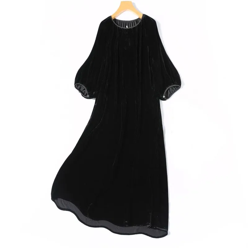 Retro Light Luxury 30% Natural Mulberry Silk Velvet Round Neck Lantern Seven Quarter Sleeve Loose Obsidian Black Dress