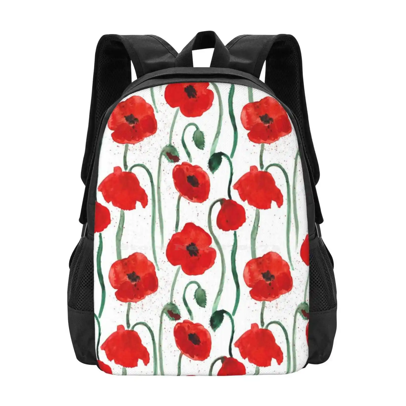 Pattern With Red Poppies Hot Sale Schoolbag Backpack Fashion Bags Poppy Red Watercolor Flowers Female Beautiful Plant Pattern