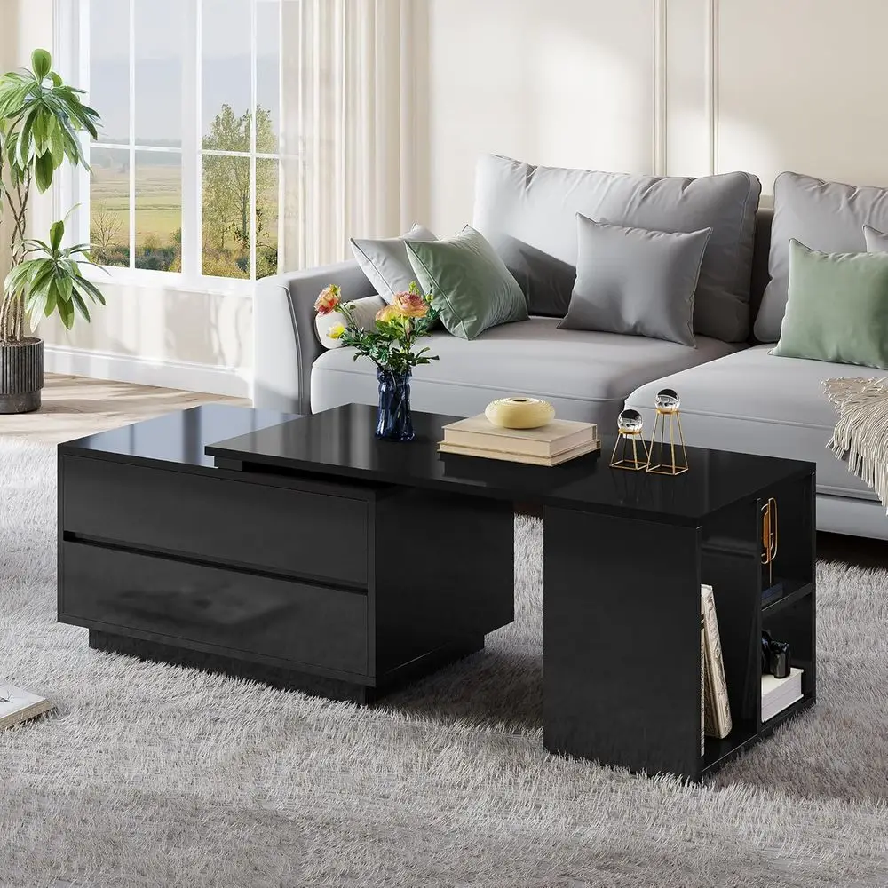 طاولة قهوة حديثة مستطيلة LED مع 4 أدراج، تخزين قابل للتمديد، أرفف مفتوحة، سطح منزلق، 35-61 لغرفة المعيشة/المنزل #6