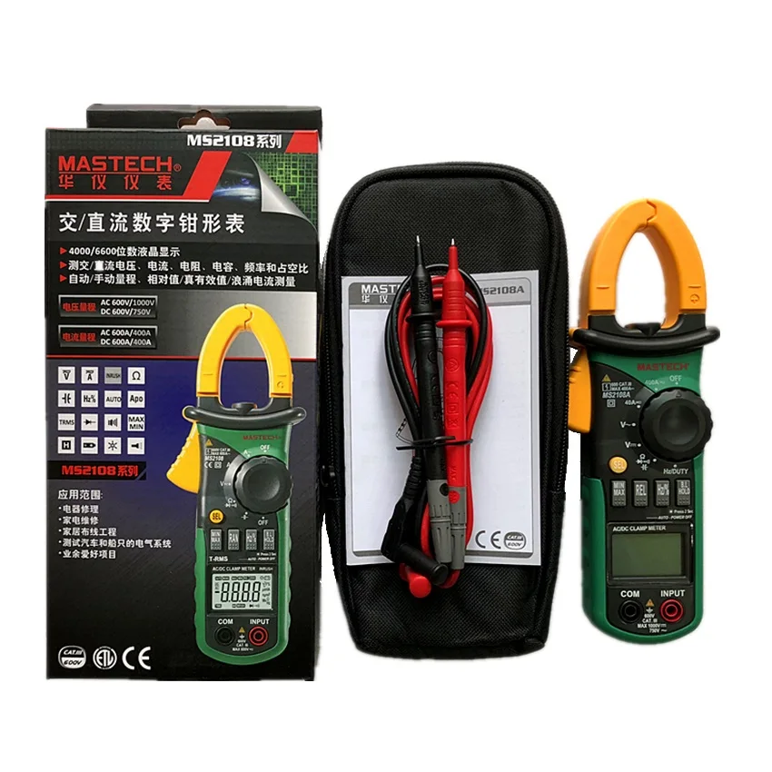 MASTECH MS2108A Multimeter Auto Range Digital Clamp Multimeter 4000 Counts DC/AC Voltmeter Ammeter Current Resistance Tester