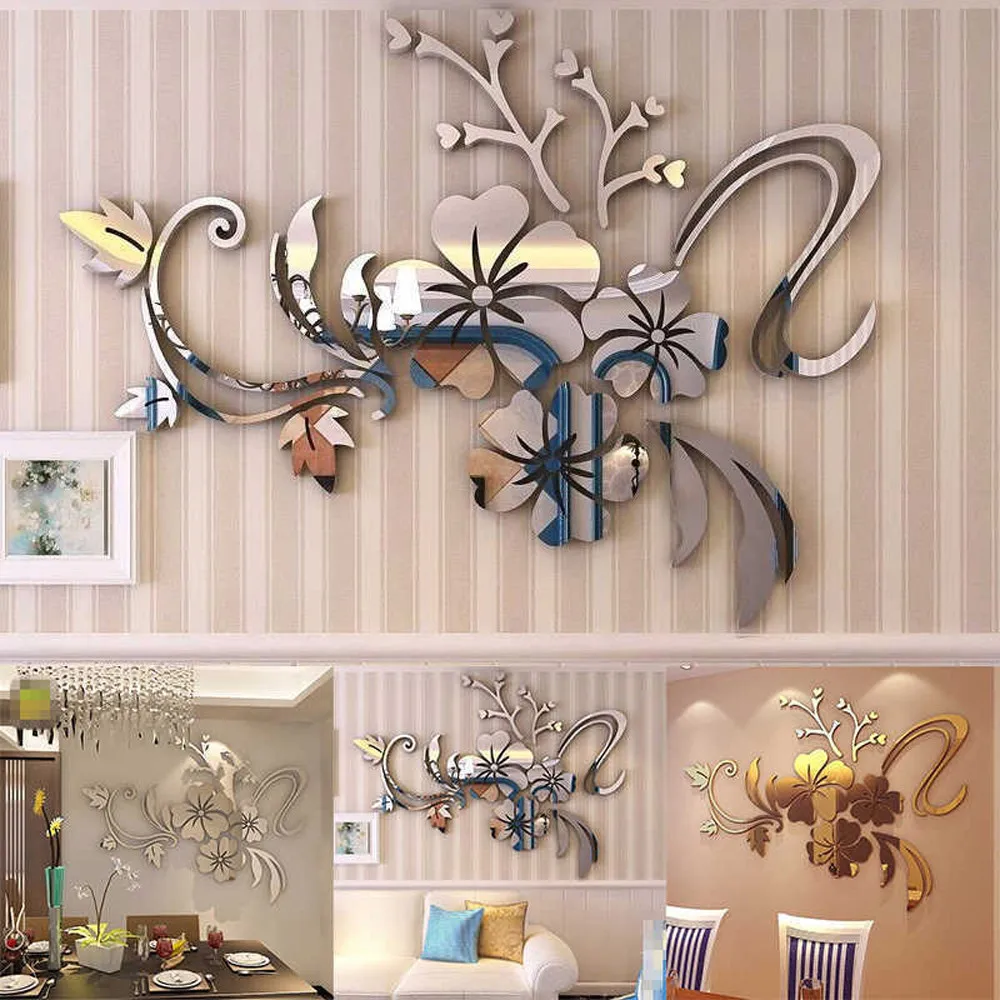 Acrylic Mural Decor 3d Floral Sticker Decal Home Room Art Removable Wall Home Decor Metal Decal Wallpaper Wall Decals Hot Sale