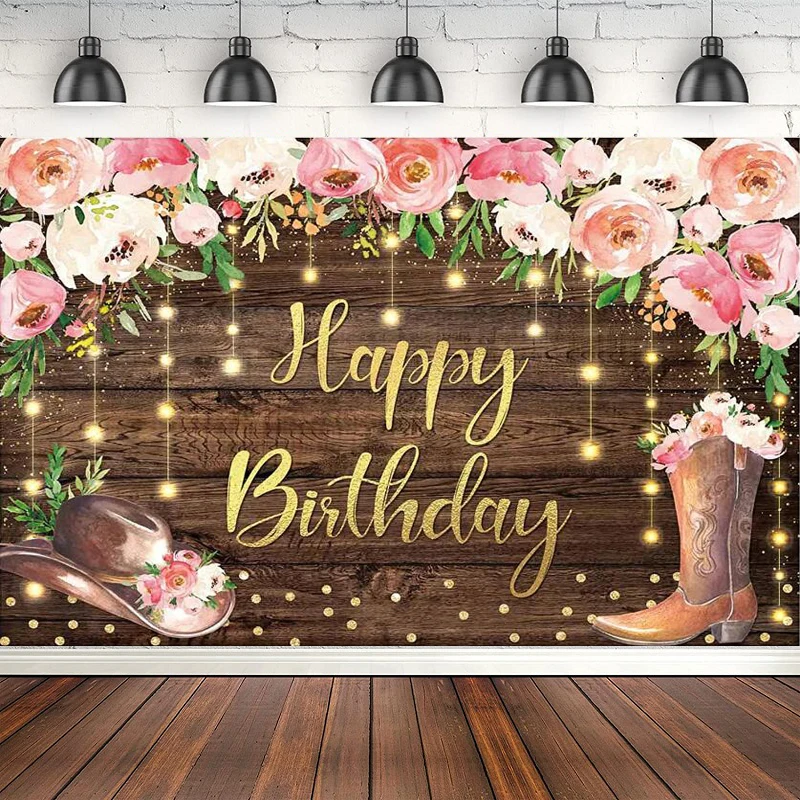 Western Photography Backdrop Boot Cowgirl Rustic Country Boho Birthday Party Flower Country Wood Hat Background Cake Table Decor