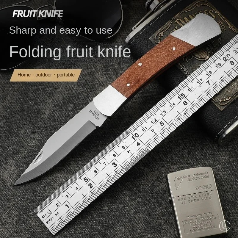 1pc，Household folding fruit knife, outdoor camping small mahogany handle knife, stainless steel portable folding knife