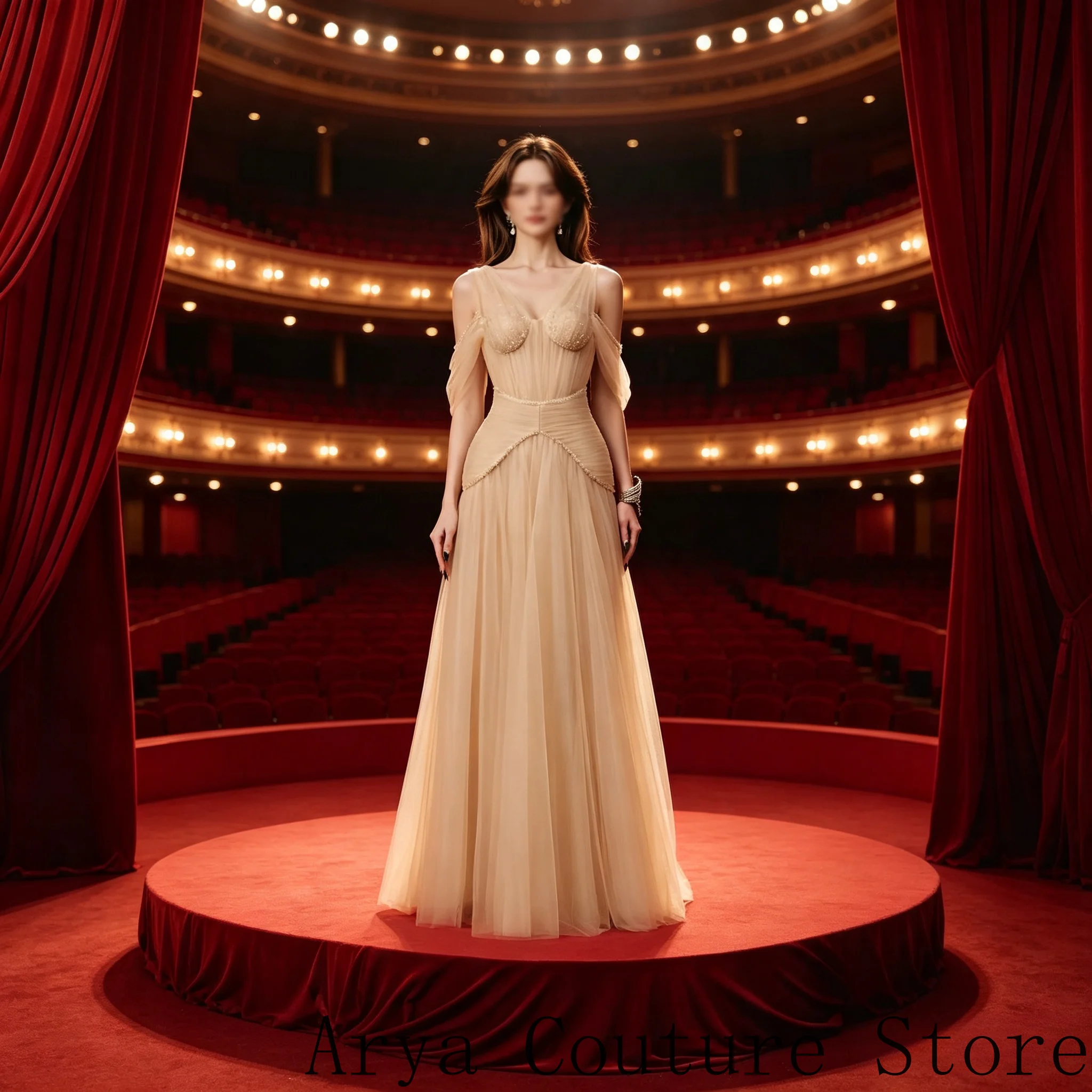 Nude A‑Line Evening Dress Deep V Neck Soft Tulle Fabric Boned Corset Bodice Detachable Flutter Sleeves Peplum Waist Design