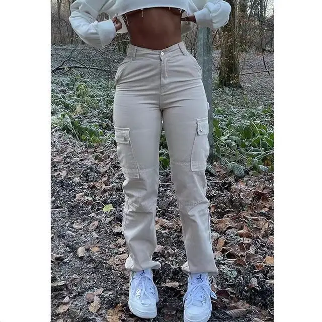 Straight Leg Jeans Women Beige Cargo Track Pants High Waist Pockets Trousers Spring Casual Ladies Streetwear Y2K 90S Vintage