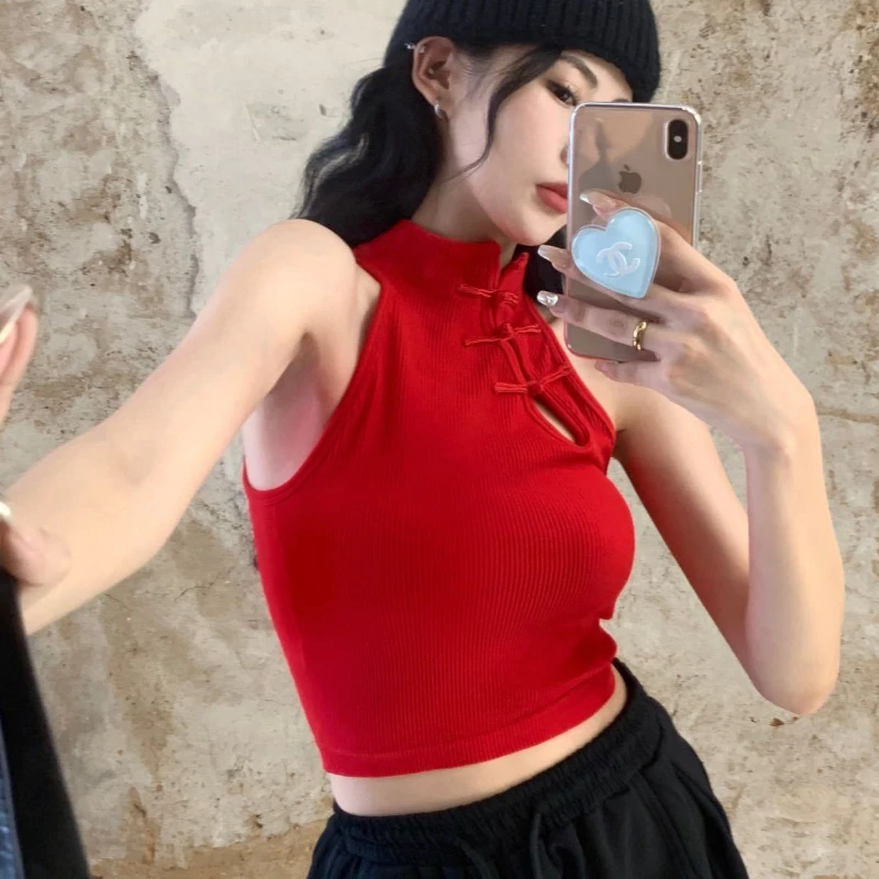 Tanks Tops Women Crop Chinese Style Sexy Slim Vintage Sleeveless Basics Pure Temper Топ Женский Designer Personal Streetwear Ins