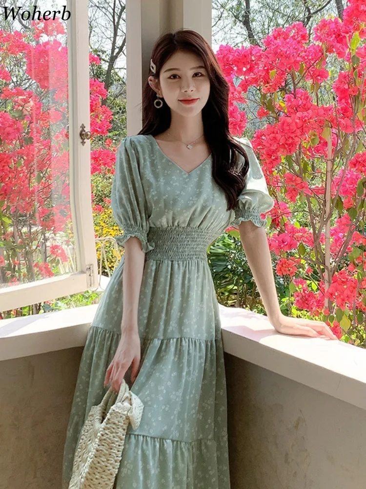 2024 Vestidos De Mujer Puff Sleeve Floral A-line Dresses for Women Elastic Waist Folds Korean Robe Femme Vintage Summer Dress