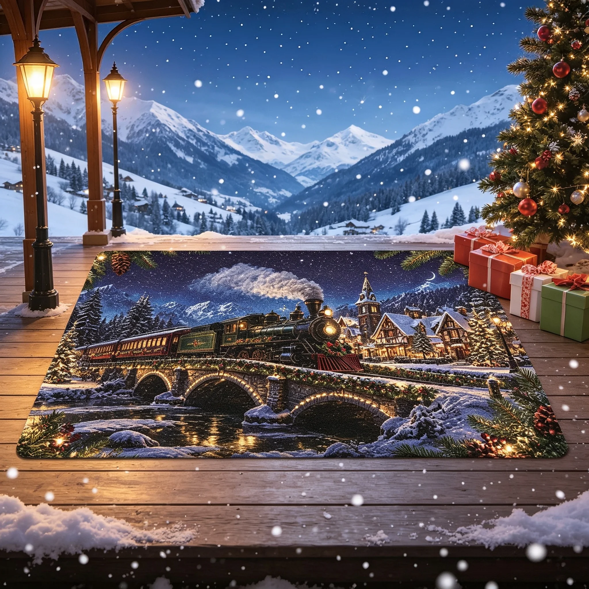 Christmas Home Welcome Rug Steam Train Snowy Mountain Village Print Entrance Doormat Entry Floor Mat Festival House Styling