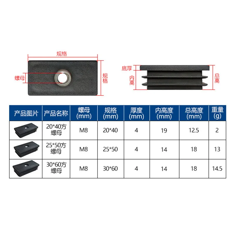 4Pcs M6 M8 Black Square Plastic Pipe Plugs Adjustable Screw Foot Pad Furniture Leg Cover End Caps 15X25mm~40x80mm