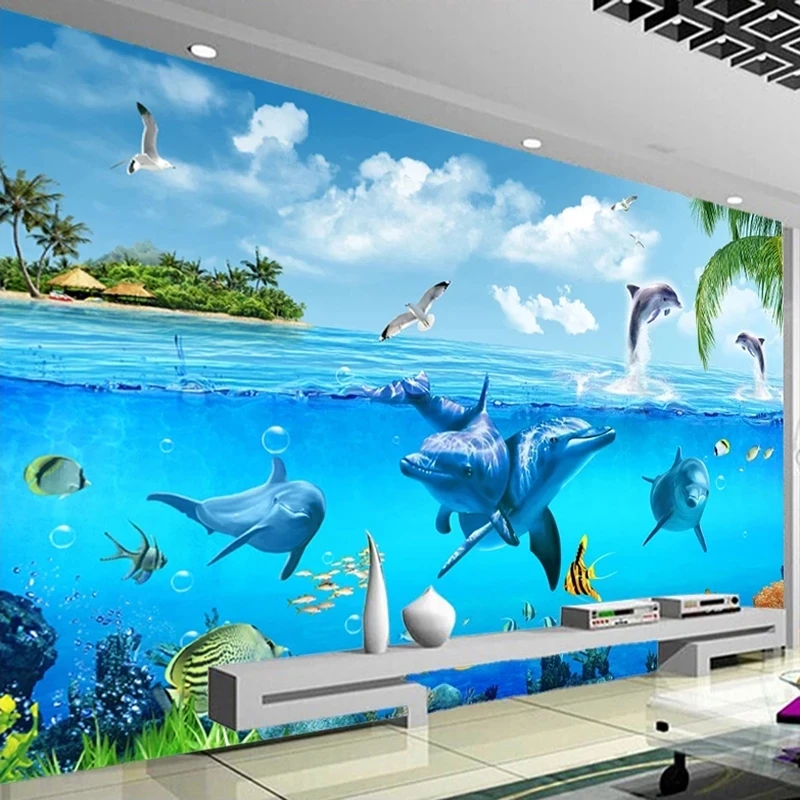 Customized products Blue Big Sea Dolphin Underwater World Painting Children Room Living Room Bedroom Mural Wallpaper restaurant