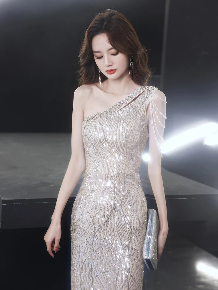 

iny Sequin Fi Tail Evening Dr High-End Luxury Sexy Host Heavy Work Evening Par Adult mid Waist Long Skirt Gown