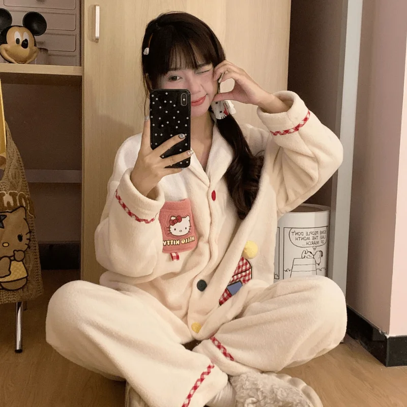 Sanrio Hello Kitty Winter Pajamas Women\'s Coral Fleece Lapel Sweet Wind Fleece Cartoon Long Sleeve Trousers Loungewear Set