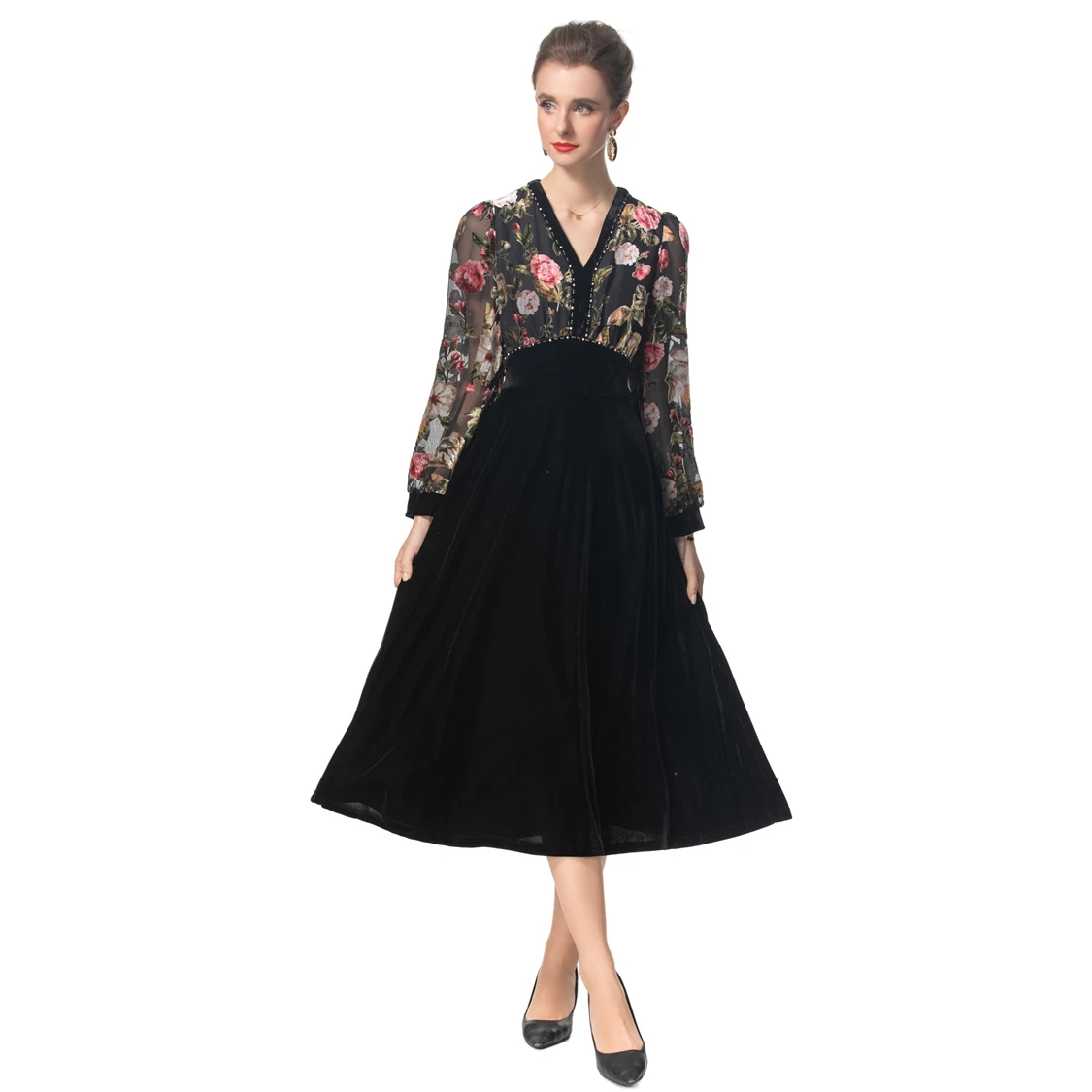 Women's Runway Dresses Sexy V Neck Long Sleeves Floral Printed Velvet Patchwork Elegant Fashion Designer Vestidos