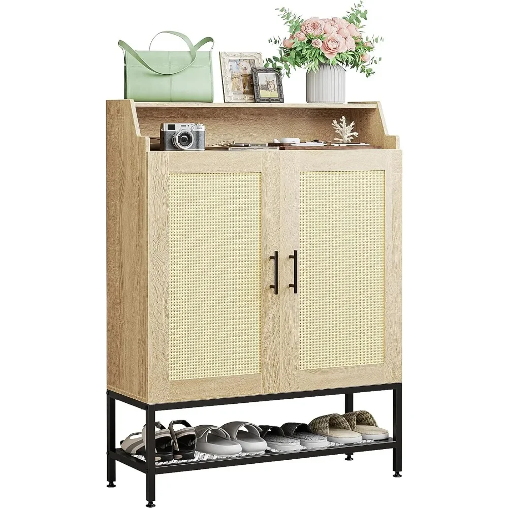 7-Tier Shoe Storage Cabinet with Rattan Doors, Shoe Organizer Cabinet with Adjustable Boards & Damper Hinge, Narrow Shoe Cabinet