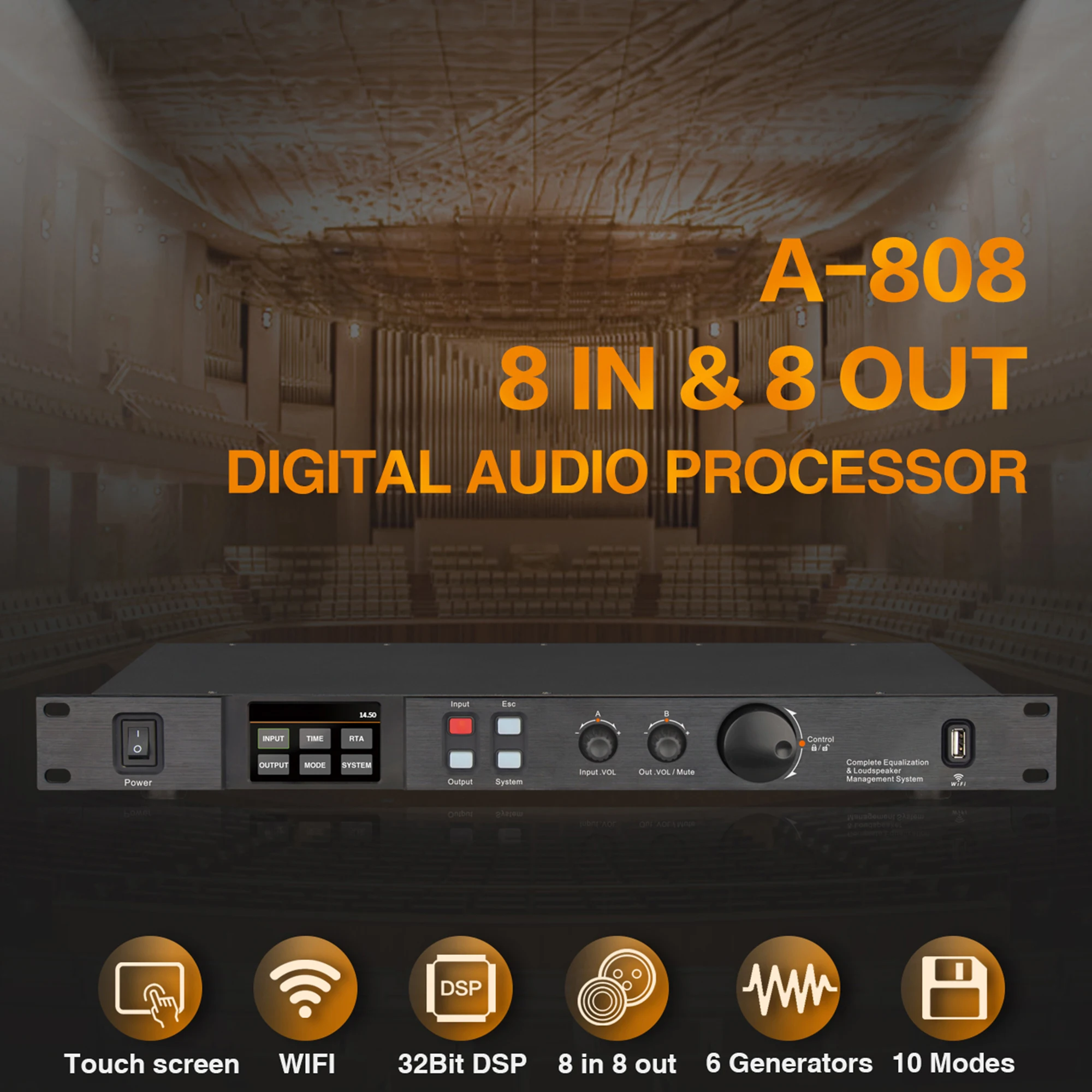 Paulkitson A808 Processor Digital Professional Audio Processor 8 In 8Out 32Bit DSP 7Band EQ Equalizer WIFI  USB Without Noise