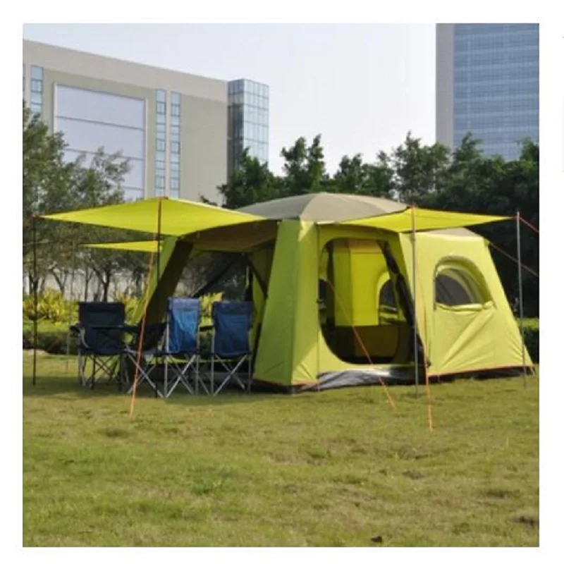 4/6/8 Persons Two Bedrooms & One Mall Camping Family Tent Double Layers Large Space 4 Rooms & 3 Mall For Traveling Hiking Beach