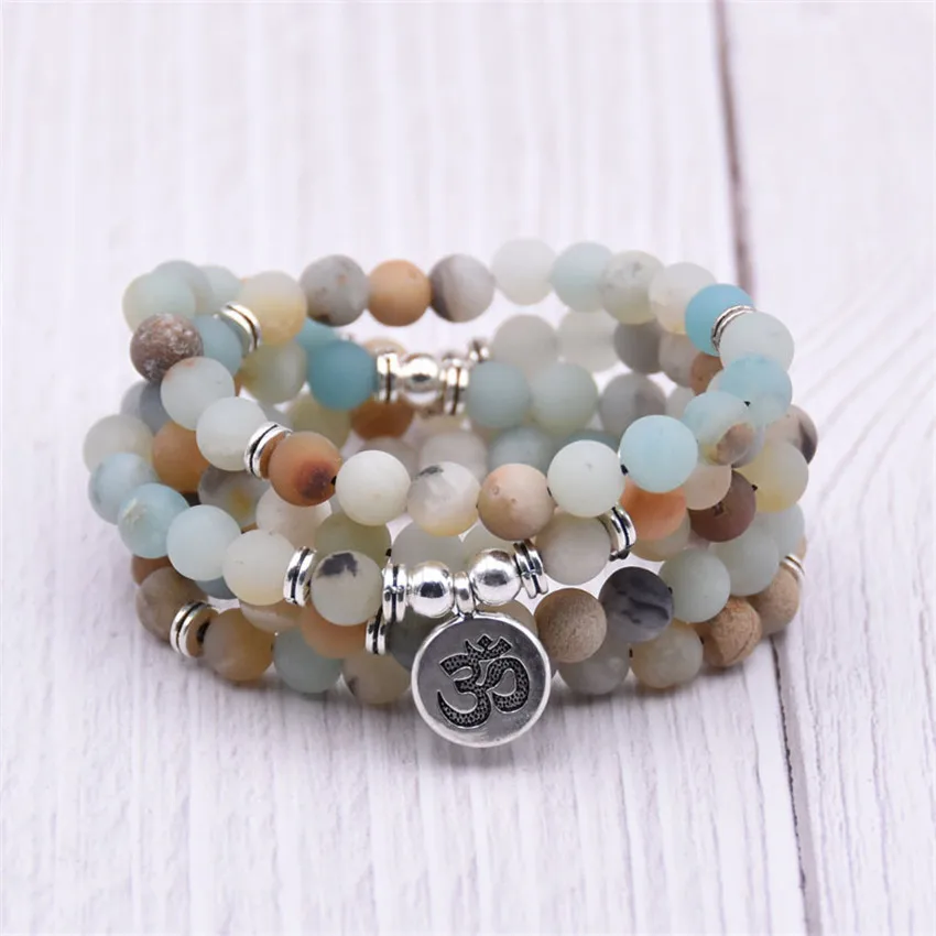 

8mm 108 Amazonite frosted bead OM Buddha bead bracelet Unisex Chain Women Men Charm Classic Stackable Peace Mala Prayer