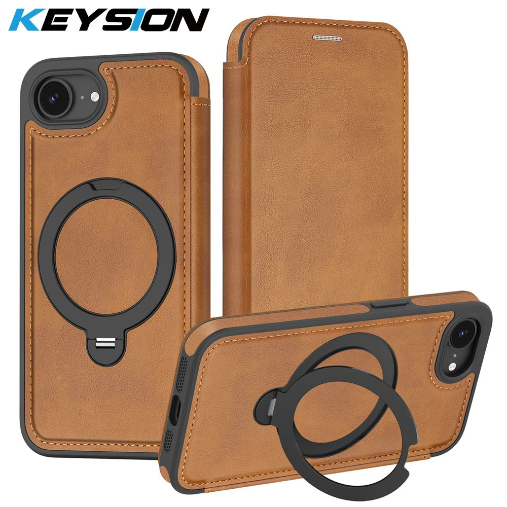 

KEYSION Luxury Retro PU Leather Flip Wallet Case for iPhone 17e 16e Cards Slots Magnetic 360 Ring Stand Shockproof Phone Cover