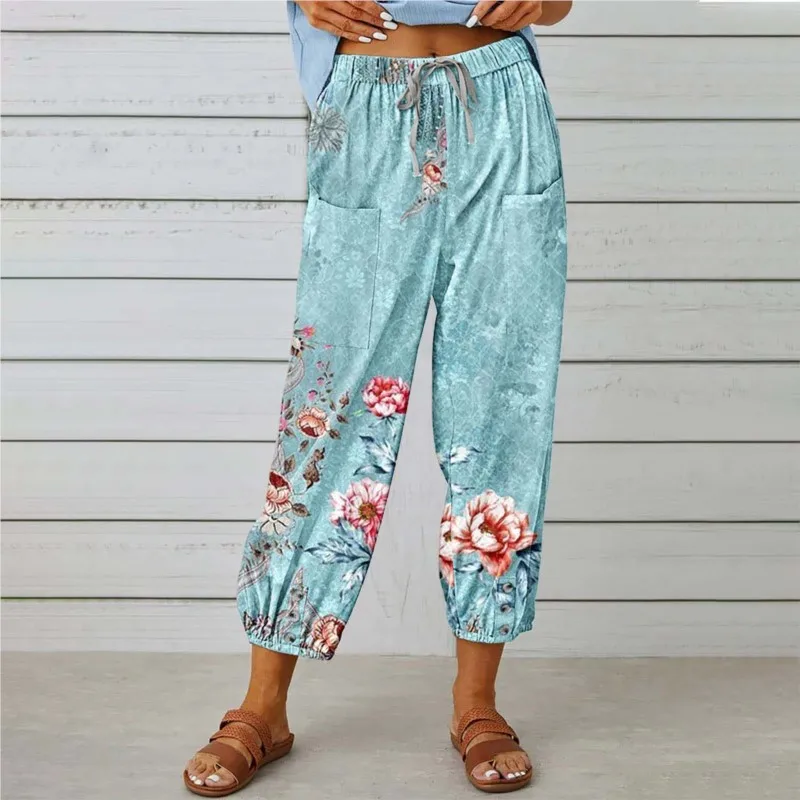 Pantalones largos con estampado Floral para mujer, pantalón holgado Vintage de piernas anchas con cordón, estilo informal, novedad de otoño, 2024