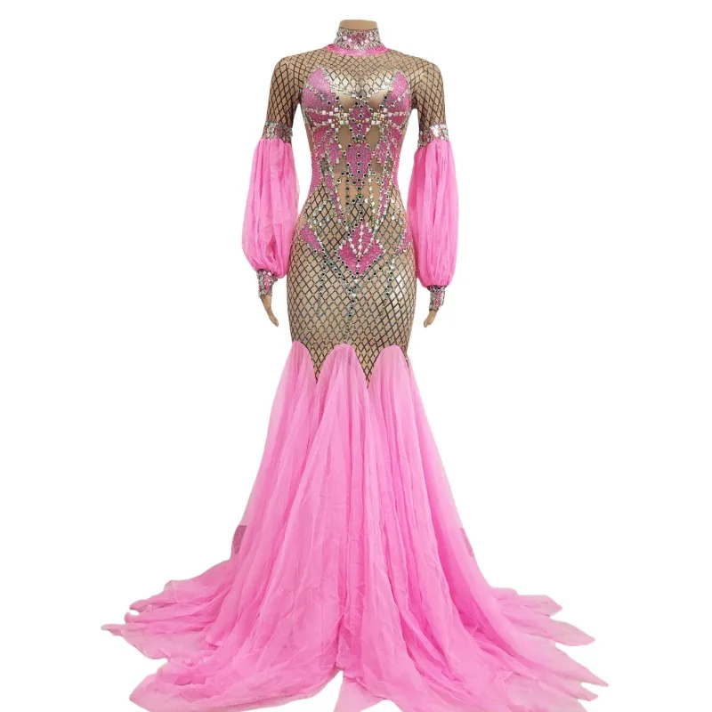 Luksusowe, błyszczące, różowe suknie wieczorowe w stylu syreny z dżetami, damskie sukienki maxi na urodziny, studniówkę, imprezę, suknia balowa, strój sceniczny.