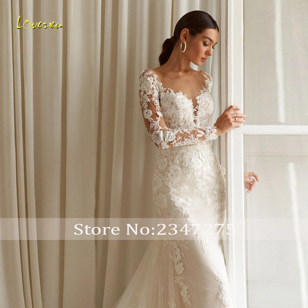 Loverxu Mermaid Graceful Wedding Dresses 2024 Scalloped Long Sleeve Vestido De Novia Lace Appliques Chapel Train Robe De Mariee