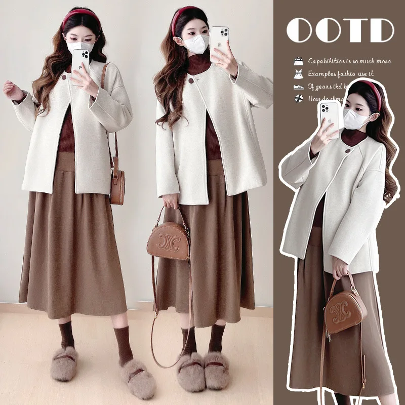 

Maternity suit Autumn Winter Pregnant Women Woolen coat+High-neck Top+ Waist Belly Skirt 3pcs Fashion Elegant Maternity Wear