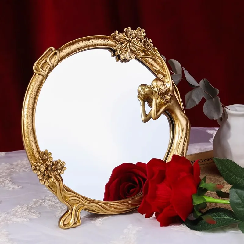 

European Vintage Resin Vanity Mirror Wall Mounted Tabletop Dual Use Decorative Mirror Nordic Style Bowknot Frame Home Decor Gift