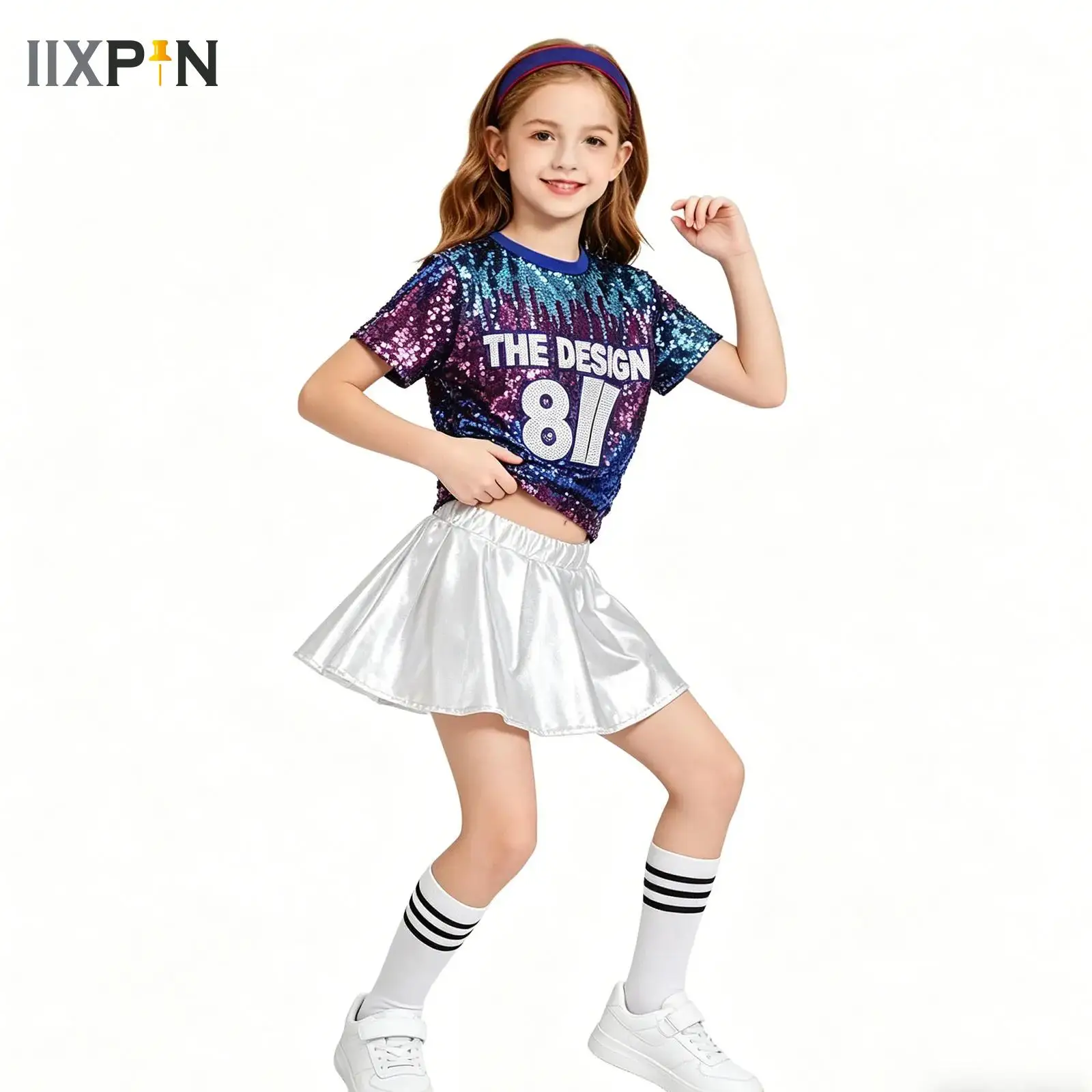 

Child Jazz Dance Modern Cheerleading Costumes Hip Hop Boy Girls Top And Skirts/Pants Sequins Jazz Dance Stage Performance Set