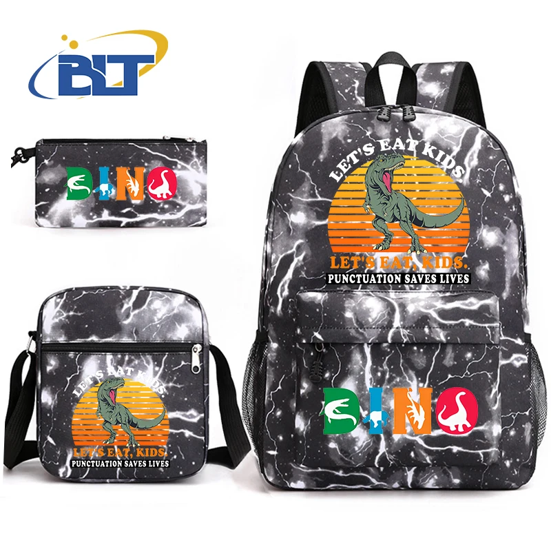 Saco escolar do estudante da impressão do dinossauro, mochila Tyrannosaurus Rex, bolsa de ombro infantil, lápis, presente de volta à escola, 3 pcs